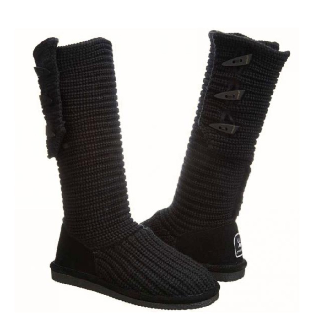 BearPaw Tall Black Knit Sweater Boots